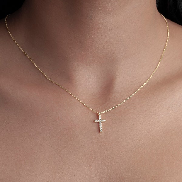 Tiny Gold Cross Pendant Necklace, Sterling Silver Religious Jewelry, Small Cubic Zirconia Cross Necklace for Women, Kids, Mothers Day Gift