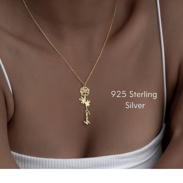 Collier prénom fleur de naissance personnalisé, bijoux prénom en or personnalisés pour le mois de naissance, cadeau d'anniversaire en argent sterling pour elle, cadeau de fête des mères