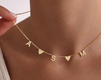Sterling Silver Middle & Sideways Initial Heart Necklace, Personalised Gold Letter Necklace, Birthday Gift, Mothers Day Gift for Her