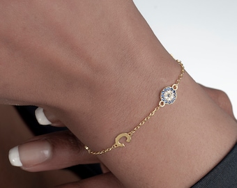 Initial Bracelet with Evil Eye, Custom Letter Bracelet, Personalised Birthstone Jewelry for Her, Birthday Gift for Mum, Mothers Day Gift