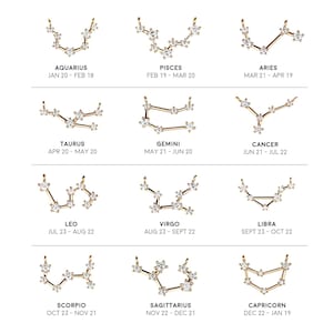 Op de afbeelding: Goudkleurige sterrenbeeldhangers met heldere kristallen accenten. Elke hanger vertegenwoordigt een dierenriemteken, met de naam en data van het teken eronder. De tekens zijn Waterman, Vissen, Ram, Stier, Tweelingen, Kreeft, Leeuw, Maagd, Weegschaal, Schorpioen, Boogschutter en Steenbok.