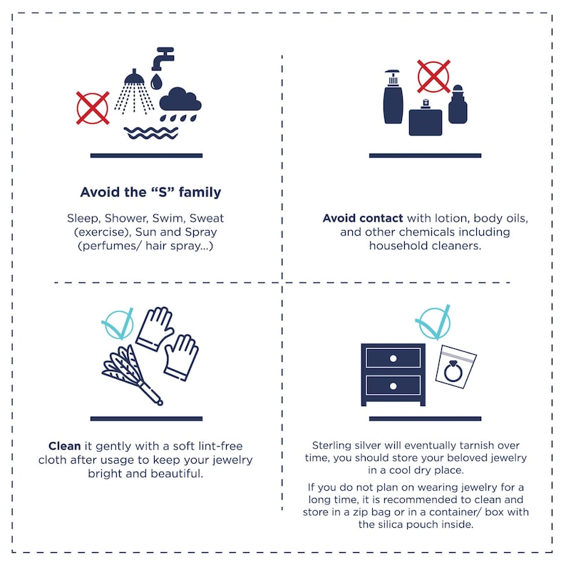 Op de afbeelding: Informatieve afbeelding met tekst over sieradenverzorging. Instructies omvatten het vermijden van de "S"-familie (slaap, douche, zwemmen, zweet, zon, spray), contact met chemicali&euml;n, reinigen met een zachte doek en juiste opslag.