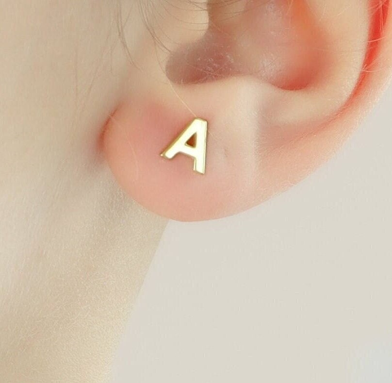 Custom Sterling Silver Pair Initial Earring, Earlobe Letter Earrings, Gold Letter Studs, Birthday gift for Kids, Her, Women, Christmas Gift