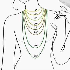 May include: A line drawing of a person wearing a necklace with different lengths marked in inches, from 14 inches to 35 inches.