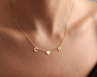 Collar de corazón inicial medio y lateral de plata de ley, collar de letras de oro personalizado, regalo de cumpleaños, regalo del día de las madres para ella, mujeres