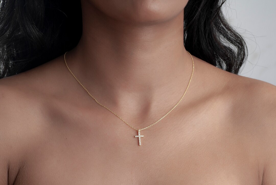Tiny Gold Cross Pendant Necklace Sterling Silver Religious Etsy