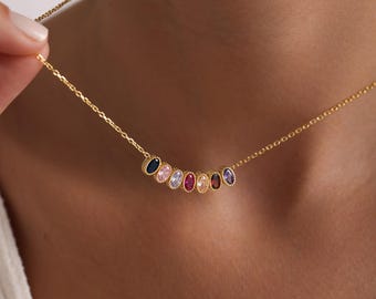Family Birthstone Necklace, Personalized Mom Grandma Necklace, 925 Sterling Silver Rhodium or 14K Gold Vermeil, Mother’s Day Gift