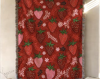 Woven Tapestry Art: Floral Strawberry Botanical Art, Matisse Style Boho Strawberries