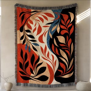 Abstract Leaves Woven Blanket: Modern Botanical Art Throw, Boho Decor, Chic Woven Tapestry Gift