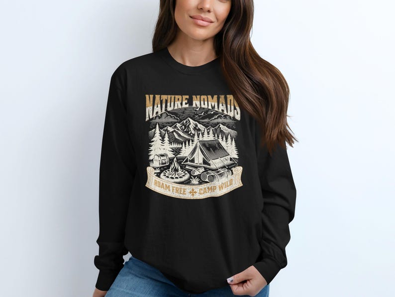 Nature Nomads Camping Shirt, Roam Free Camp Wild Graphic Tee, Outdoor Adventure T-shirt, Wilderness Hiking Long Sleeve