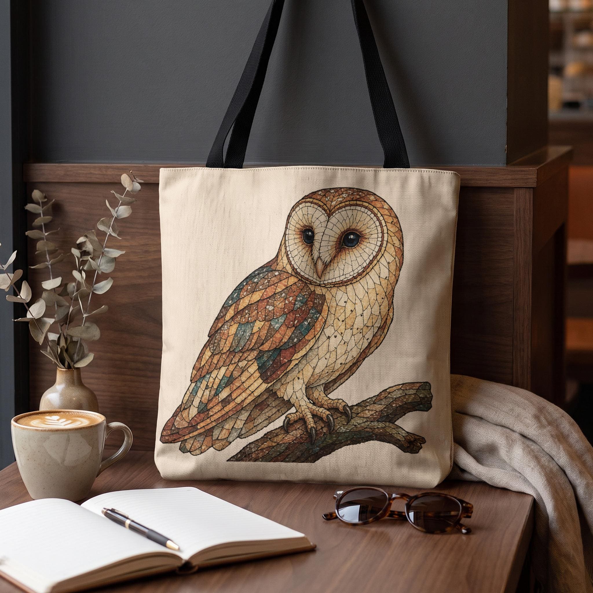 Mosaic Barn Owl Tote Bag, Cottagecore Bird Watching Canvas Bag, Dark Academia Aesthetic Tote, Owl Lo