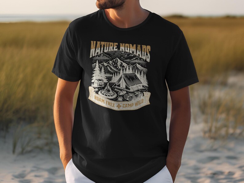 Camping Graphic Tee, Nature Nomads Roam Free Camp Wild, Outdoor Adventure Shirt, Hiking T-Shirt, Mountain Lover Gift, Men's Apparel