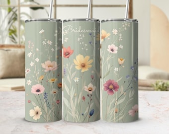 Personalized Wildflower Bridesmaid Tumbler: Stainless Steel Insulated 20oz Watercolor Sage Green Gifts