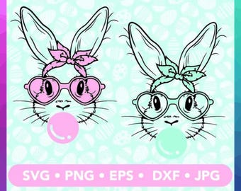 Cute Bunny Bandana with Heart Glasses, Bubblegum Clipart (Digital Download)