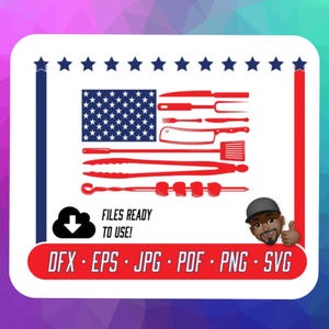 May include: A red, white and blue American flag design featuring various grilling tools, including a spatula, tongs, skewers and a chef's knife. The text "FILES READY TO USE!" is below the image. DFX, EPS, JPG, PDF, PNG, SVG file types are listed below the text.