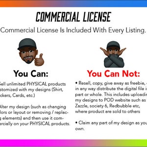 May include: A graphic with two illustrations of people. One illustration shows a person with a thumbs up, and the text "You Can:" is above the illustration. The text below the illustration reads: "Sell unlimited PHYSICAL products customized with my designs (Shirt, Stickers, Cards, etc.) Alter my design (such as changing colors or layout or removing/replacing elements) and then use it commercially on your PHYSICAL products." The second illustration shows a person with their arms crossed, and the text "You Can Not:" is above the illustration. The text below the illustration reads: "Resell, copy, give away as freebie, or in any way distribute the digital file in part or whole. This includes uploading my designs to POD website such as Zazzle, society 6, Redbubble etc, where product are sold to others Claim any part of my design as you own."
