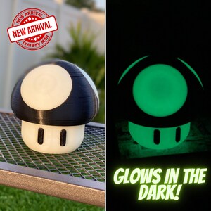 May include: A black and white mushroom-shaped nightlight glows green in the dark. "Glows in the dark!" is written in green text below the nightlight.