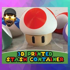 May include: A 3D printed red and white mushroom shaped container with a brown base. The container is a stash container. The text "3D PRINTED STASH CONTAINER" is on the bottom of the image.