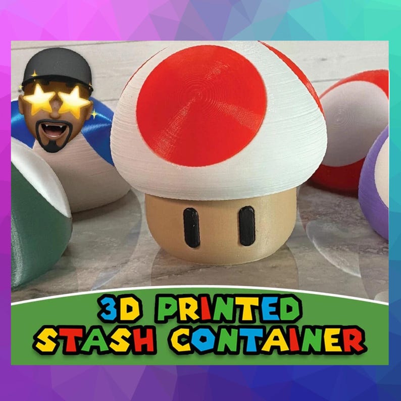 May include: A 3D printed red and white mushroom shaped container with a brown base. The container is a stash container. The text "3D PRINTED STASH CONTAINER" is on the bottom of the image.
