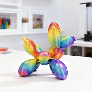 May include: A rainbow-colored balloon dog sculpture sits on a white surface. The sculpture is made of multiple balloon-shaped segments, with a gradient of colors including red, orange, yellow, green, blue, and purple. The background includes a 3D printer and shelves.