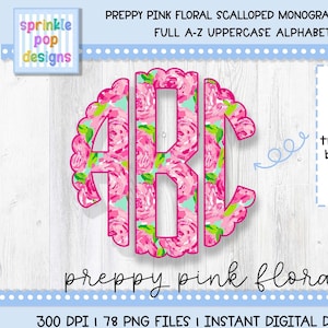 Doodle Alphabet | Preppy Pink Floral Scallop Monogram | Alphabet Font Clipart Png | Sublimation and Heat Press Designs