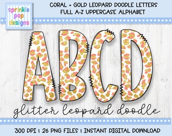 Doodle Alphabet | Coral and Gold Glitter Leopard Doodle Letters | Alphabet Font Clipart Png | Sublimation and Heat Press Designs