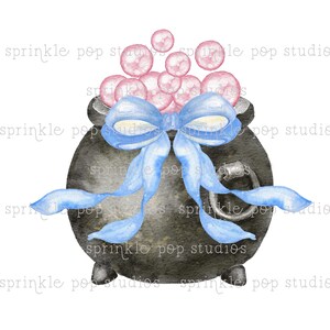 May include: A black cauldron with a blue ribbon and a handle. The cauldron is filled with pink and white bubbles.