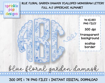 Scalloped Monogram Alphabet | Blue Floral | Alphabet Clipart | 78 Png Files