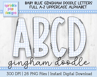 Doodle Alphabet | Baby Blue Gingham Doodle Letters | Plaid Font Clipart Png | Sublimation and Heat Press Designs