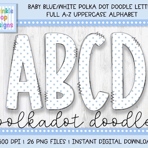 Doodle Alphabet | Baby Blue Polkadots on White Doodle Letters | Alphabet Clipart Png | Sublimation and Heat Press Designs