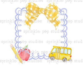 Watercolor Frame with School Bus | Watercolor Design | Preppy Design | Sublimation Design | Grandmillennial Clipart PNG