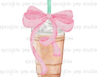 Watercolor Carmel Frap with Pink Bow | Watercolor Design | Preppy Design | Sublimation Design | Grandmillennial Clipart PNG