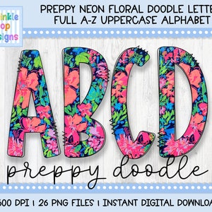Doodle Alphabet | Preppy Neon Floral Doodle Letters | Alphabet Font Clipart Png | Sublimation and Heat Press Designs