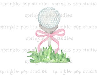 Watercolor Golf Ball and Tee with Pink Bow | Watercolor Design | Preppy Design | Sublimation Design | Grandmillennial Clipart PNG