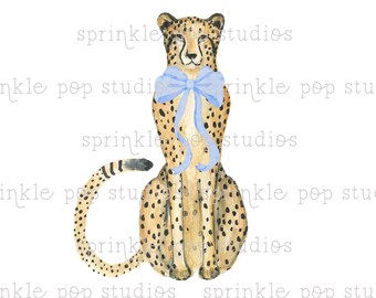 Watercolor Cheetah with Blue Bow | Watercolor Design | Preppy Design | Sublimation Design | Grandmillennial Clipart PNG