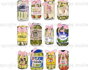 Watercolor Pickle Jars with Bows | Watercolor Design | Preppy Design | Sublimation Design | Grandmillennial Clipart