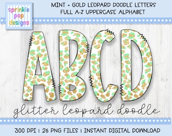 Doodle Alphabet | Green and Gold Glitter Leopard Doodle Letters | Alphabet Font Clipart Png | Sublimation and Heat Press Designs
