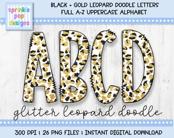 Doodle Alphabet | Black and Gold Glitter Leopard Doodle Letters | Alphabet Font Clipart Png | Sublimation and Heat Press Designs