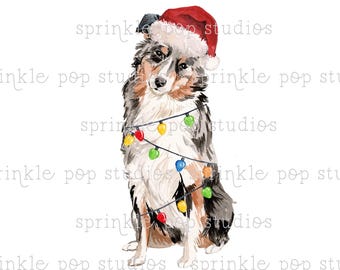 Watercolor Australian Shepherd with Lights | Watercolor Design | Preppy Design | Sublimation Design | Grandmillennial Clipart PNG