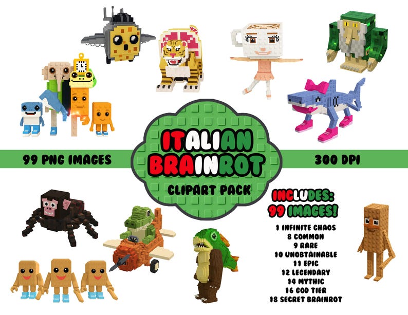 May include: A collection of pixelated digital art images, including a shark with a pink bow, a tiger, and a coffee cup character. The text "ITALIAN BRAINROT" is displayed, along with "99 PNG IMAGES" and "300 DPI".