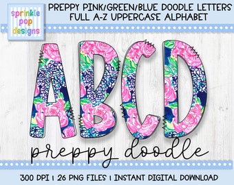 Doodle Alphabet | Preppy Pink, Green, and Blue Doodle Letters | Alphabet Font Clipart Png | Sublimation and Heat Press Designs