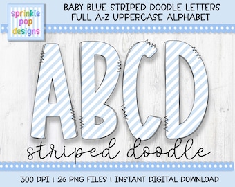 Doodle Alphabet | Baby Blue Stripes on White Doodle Letters | Alphabet Clipart Png | Sublimation and Heat Press Designs