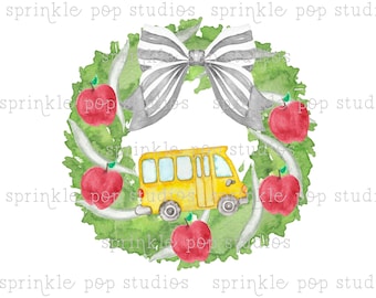 Watercolor Wreath with Apples  and School Bus | Watercolor Design | Preppy Design | Sublimation Design | Grandmillennial Clipart PNG