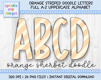 Doodle Alphabet | Orange Sherbet Striped Doodle Letters | Alphabet Clipart Png | Sublimation and Heat Press Designs