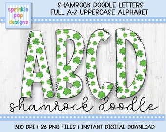 Doodle Alphabet | Green Patterned Shamrock Doodle Letters | Alphabet Font Clipart Png | Sublimation and Heat Press Designs