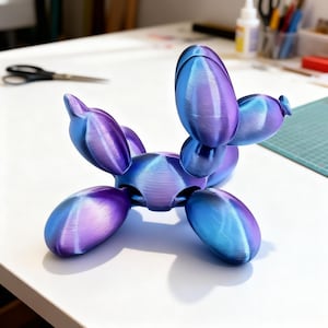 Puede incluir: Escultura de perro globo impresa en 3D en tonos azules y morados. El perro está posando con las patas y la cabeza extendidas, dando la impresión de una postura juguetona. La escultura está sobre una superficie blanca.