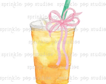 Watercolor Peach Tea Lemonade with Pink Bow | Watercolor Design | Preppy Design | Sublimation Design | Grandmillennial Clipart PNG