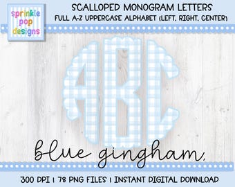 Scalloped Monogram Alphabet | Blue Gingham | Alphabet Clipart | 78 Png Files