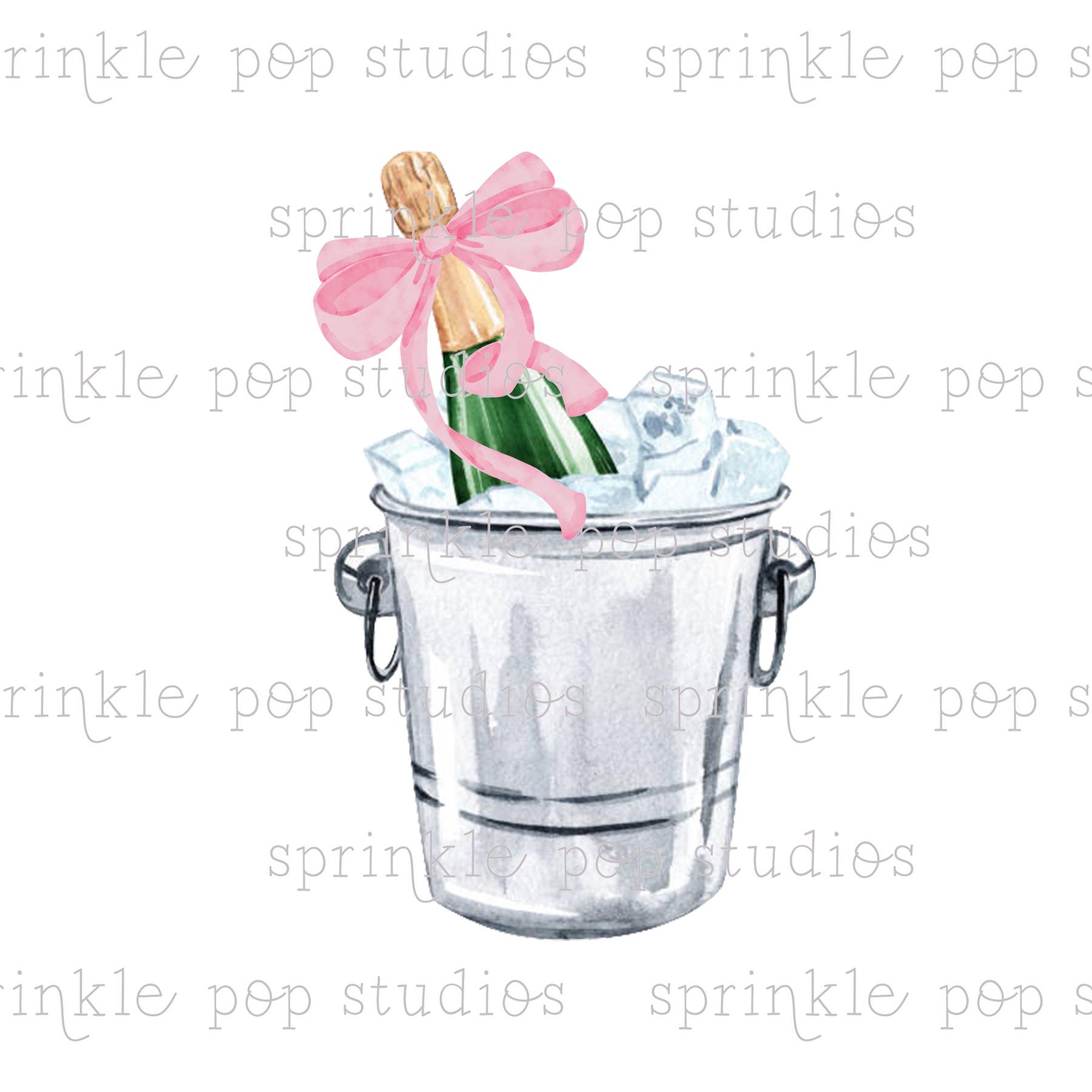 Watercolor  Champagne Bucket with Pink Bows | Watercolor Design | Preppy Design | Sublimation Design | Grandmillennial Clipart PNG