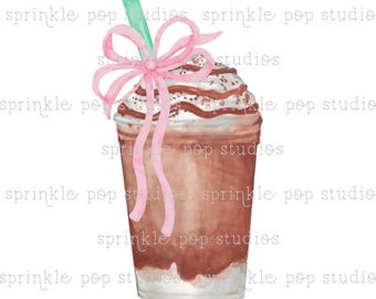 Watercolor Mocha Frap with Pink Bow | Watercolor Design | Preppy Design | Sublimation Design | Grandmillennial Clipart PNG